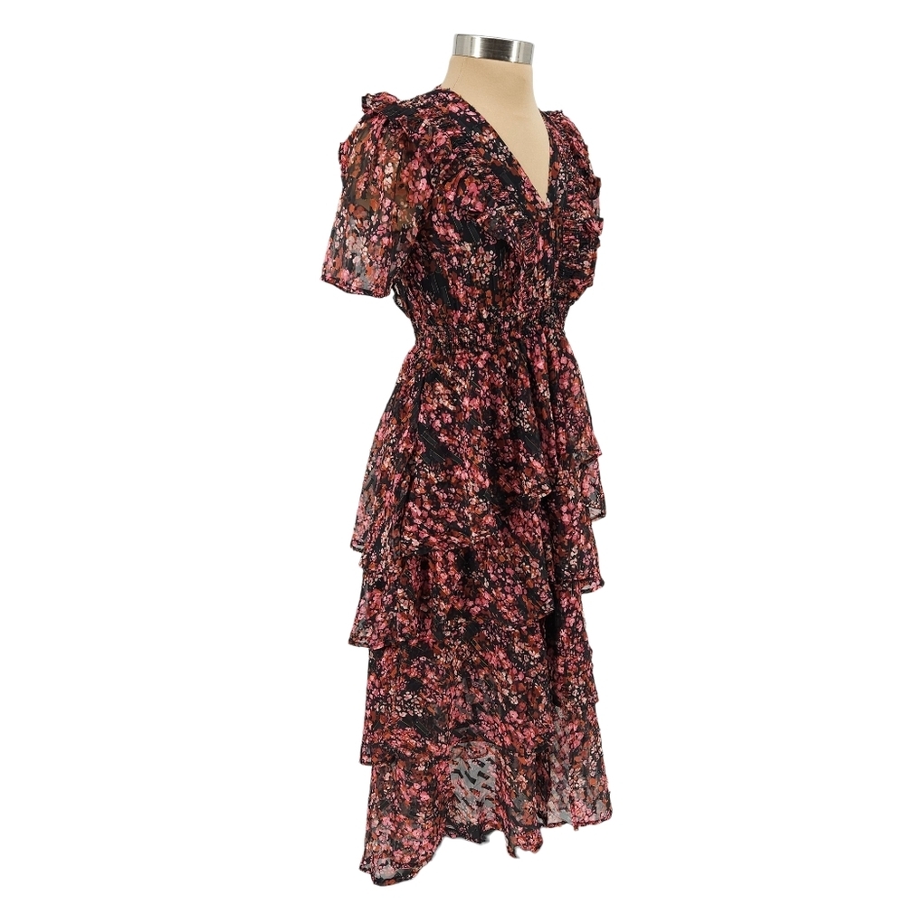 Hale Bob Jade Fit Flare Tiered Midi Dress Floral Ruffle Short Sleeve V Neck XS - Picture 3 of 11